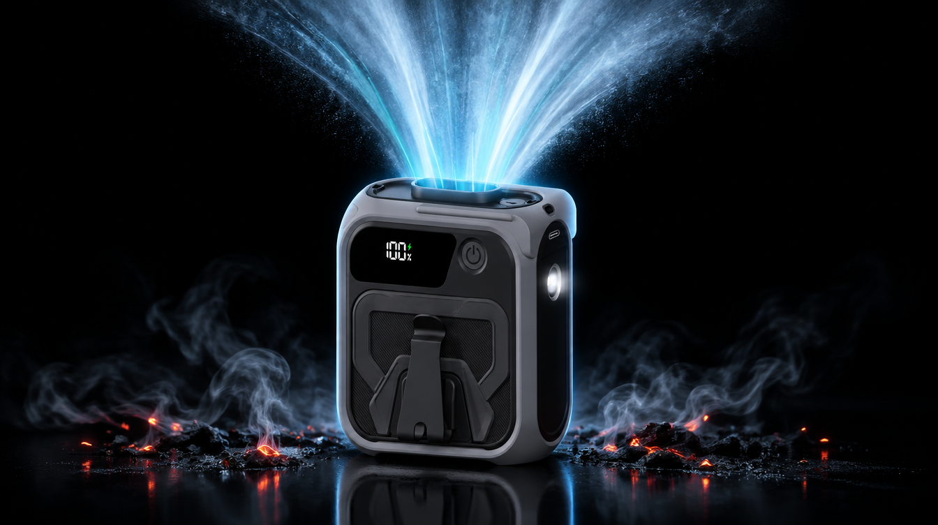Blow Me Classic portable cooling fan blasting cool air after putting out a fire