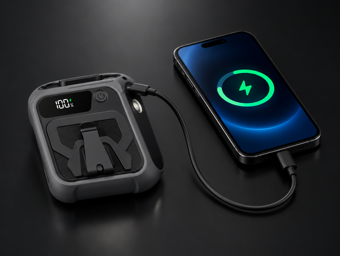 Blow Me Classic portable fan working as a power bank, charging a phone over USB-C