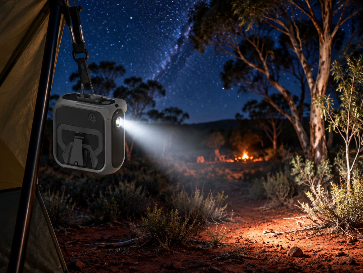 Blow Me Classic camping fan hanging from a tent pole at night with its built-in torch on