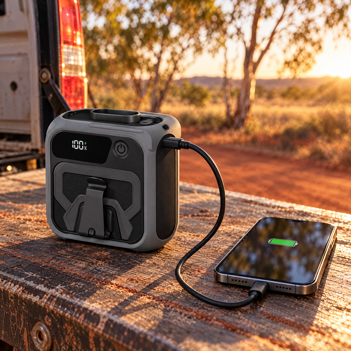 Blow Me Classic charging a smartphone over USB-C on a ute tailgate at sunset, working as a 10,000mAh power bank