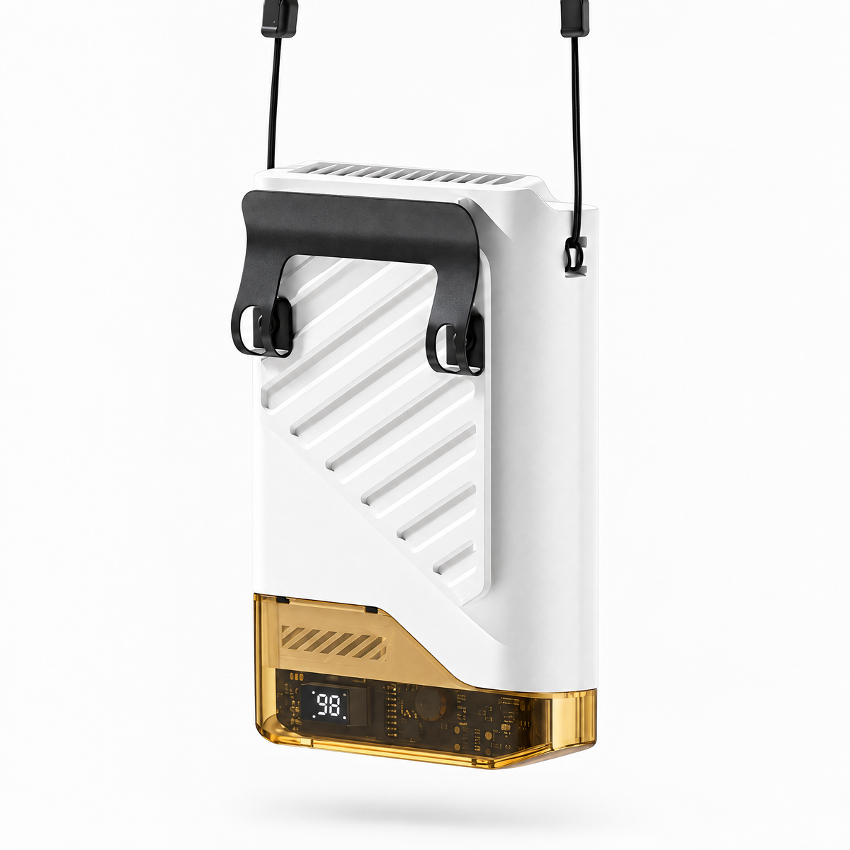 Blow Me Mini small portable neck fan in white, hanging on its lanyard