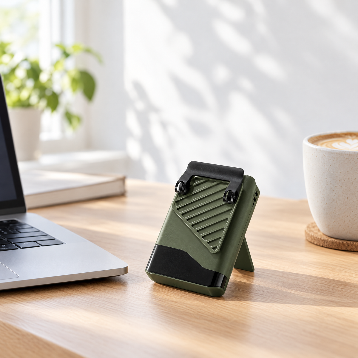 Green Blow Me Mini standing on its kickstand on a desk next to a laptop and coffee