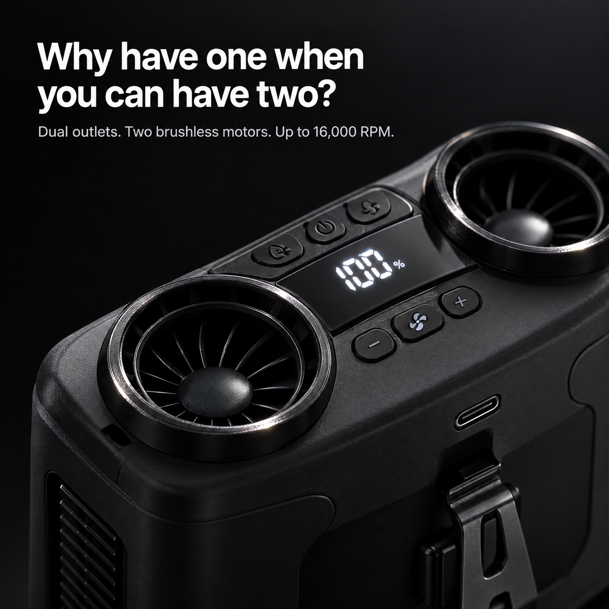 Close-up of the Blow Me Double's two air outlets and LED display
