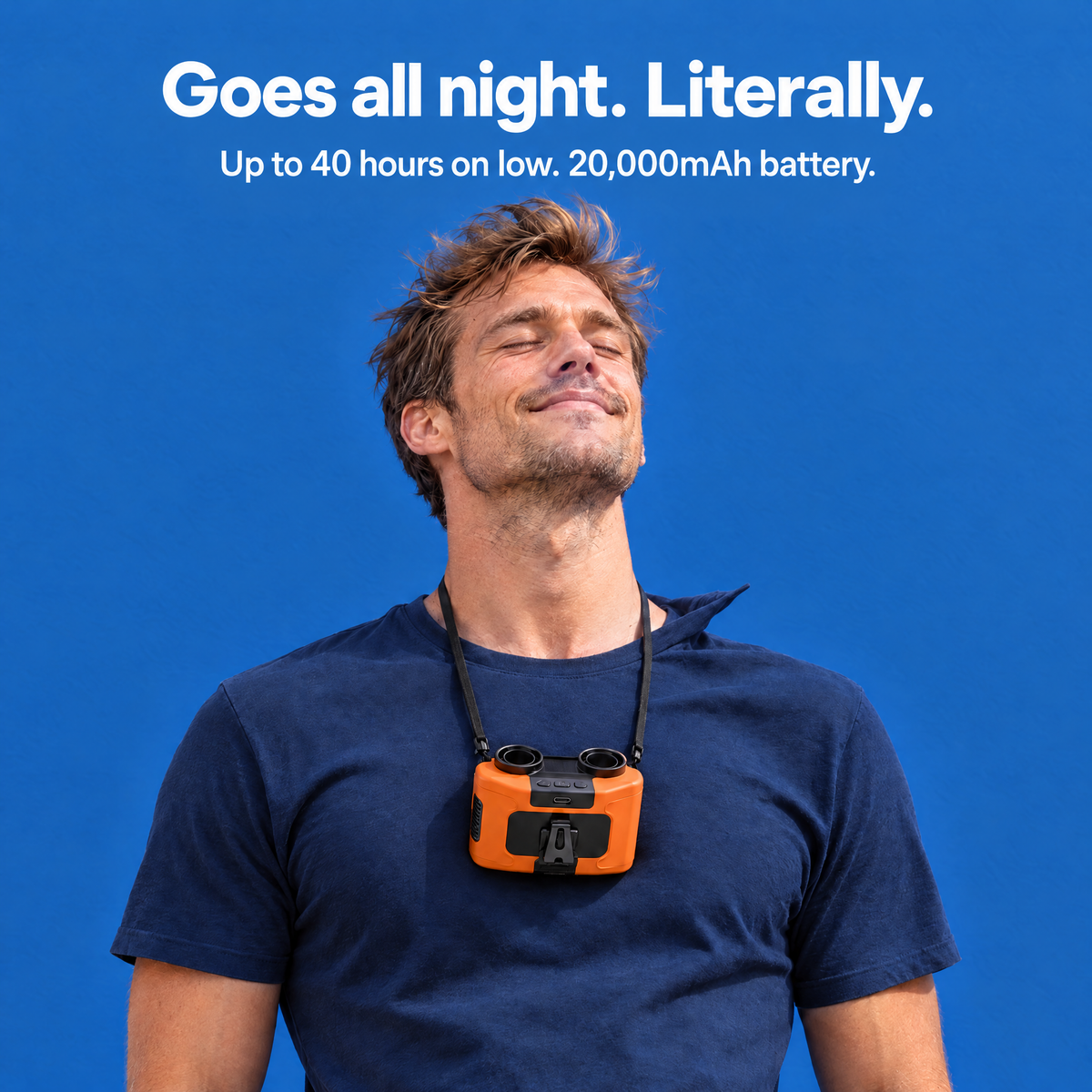 Man wearing the orange Blow Me Double around his neck, cooling his face